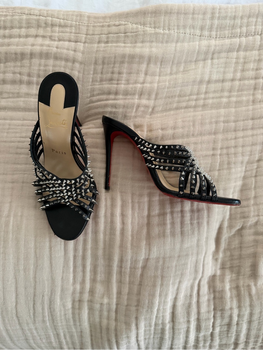 Christian Louboutin Black Leather Spiked Slide Sandals with Red Soles